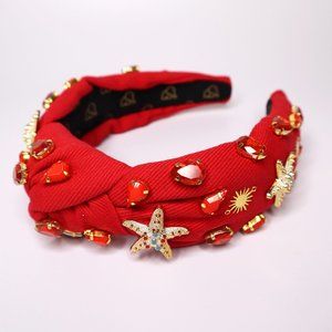 Schwab Jewels Embellished Knotted Headband Hand Sewn Crystals and Charms RED